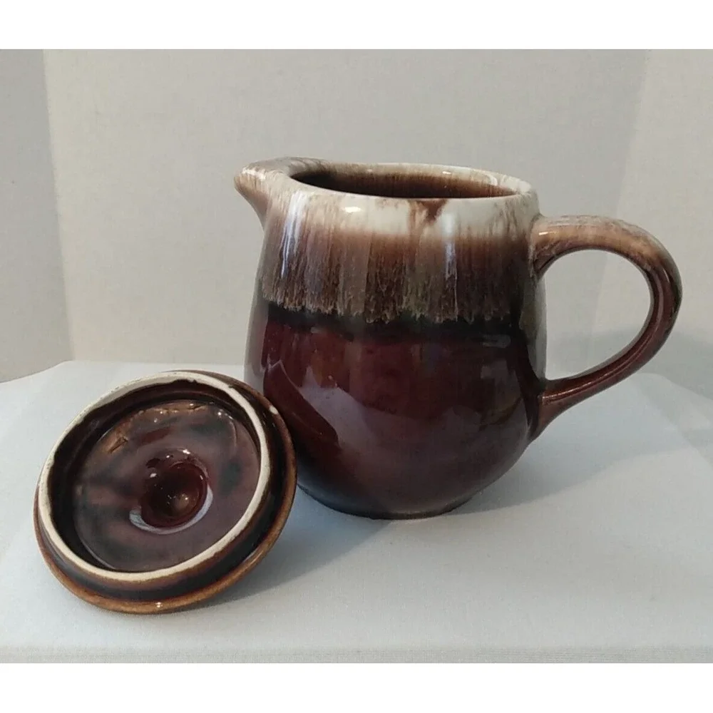 Vintage USA Brown Drip Glaze Pottery Teapot & Lid PRETTY!